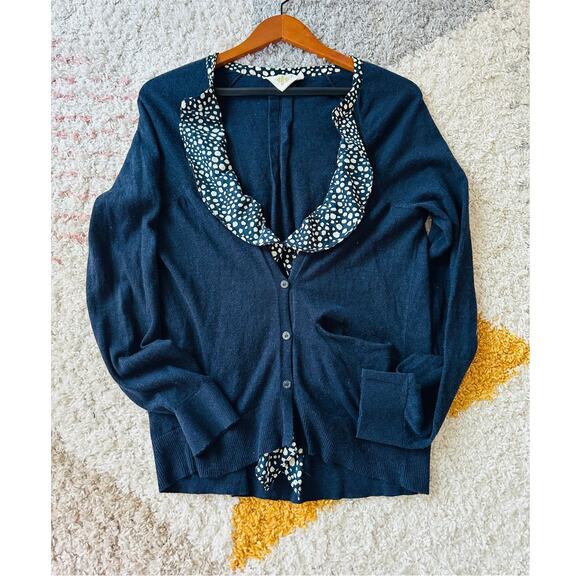 Womens Cardigans Size Large Monogram HWR Navy Nautical Ruffle Anthropologie - Picture 8 of 9